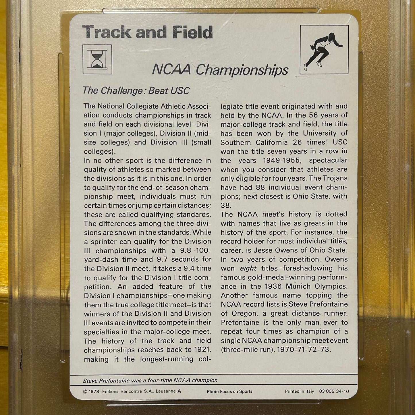 Rare Original 1977 Prefontaine Sportscaster Italy Championships Trading Card Graded PSA 8.5