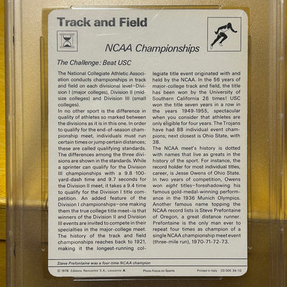 Rare Original 1977 Prefontaine Sportscaster Italy Championships Trading Card Graded PSA 8.5